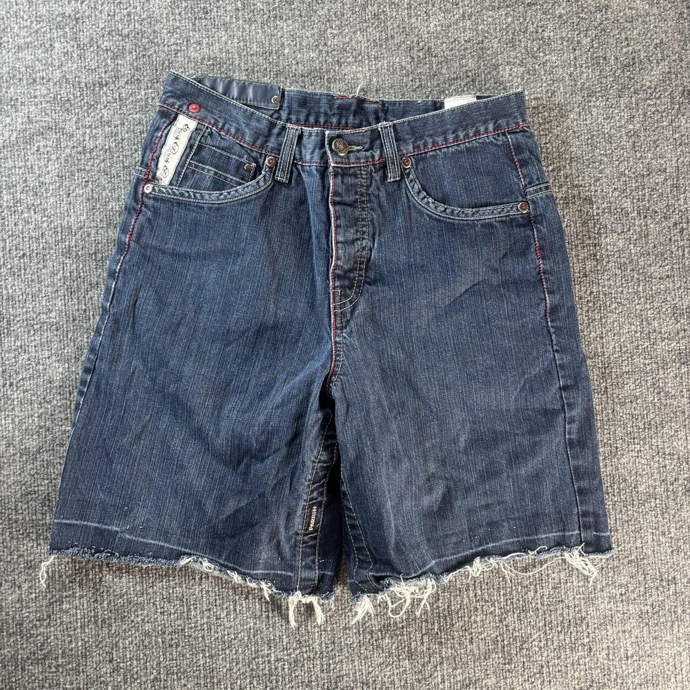 Parish‎ Denim Shorts Mens 32 Blue Medium Wash Bermuda Distressed Embroidered